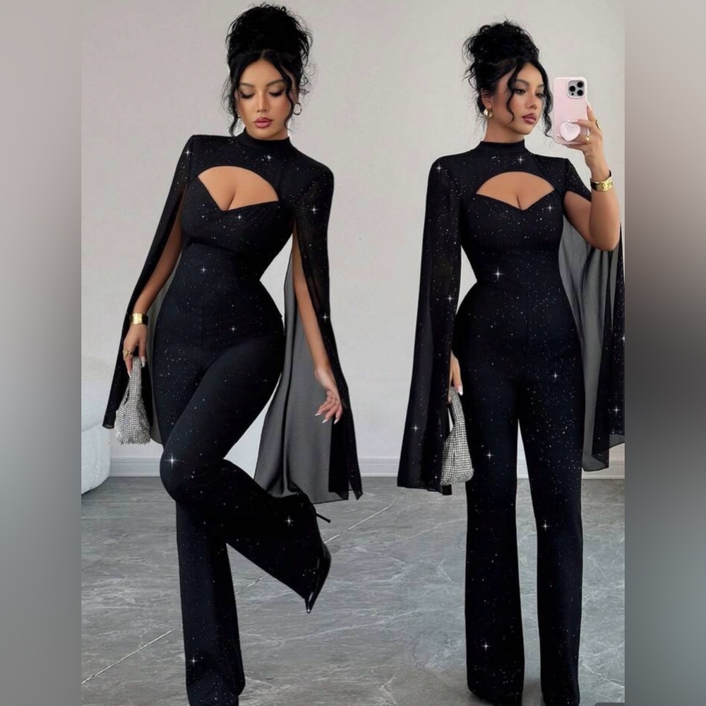 Elegant Black Cape Jumpsuit - Picture 3 of 4